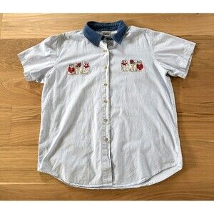 Vtg Basic Editions Cats Embroidered 100% Cotton Blue Stiped Button Shirt Whimsy